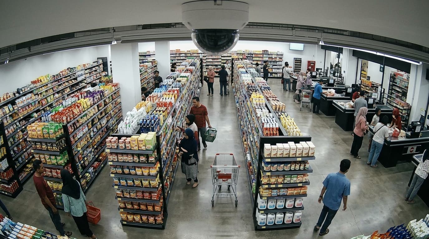 Supermarket aisles and checkout as seen by a ceiling security camera